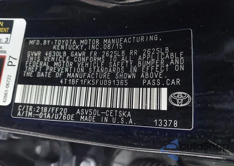 2015 Toyota Camry Se from USA, damaged, VIN 4T1BF1FK5FU091365